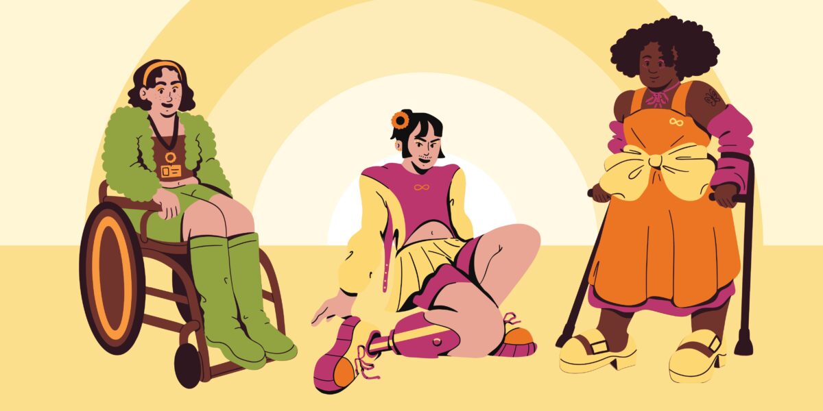 Three happy and confident individuals with disabilities. One person has prosthetic legs and is sitting on the floor, another uses crutches to stand, and the third person is in a wheelchair. All three wear colorful clothing with an infinity symbol on their shirts, and the warm yellow background with arches creates a welcoming and inclusive feeling.