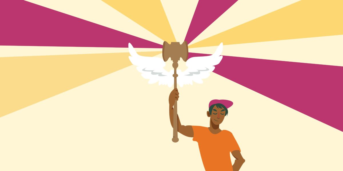 Illustrated person holding a staff with wings, orange and pink rays radiate from the staff's upper end