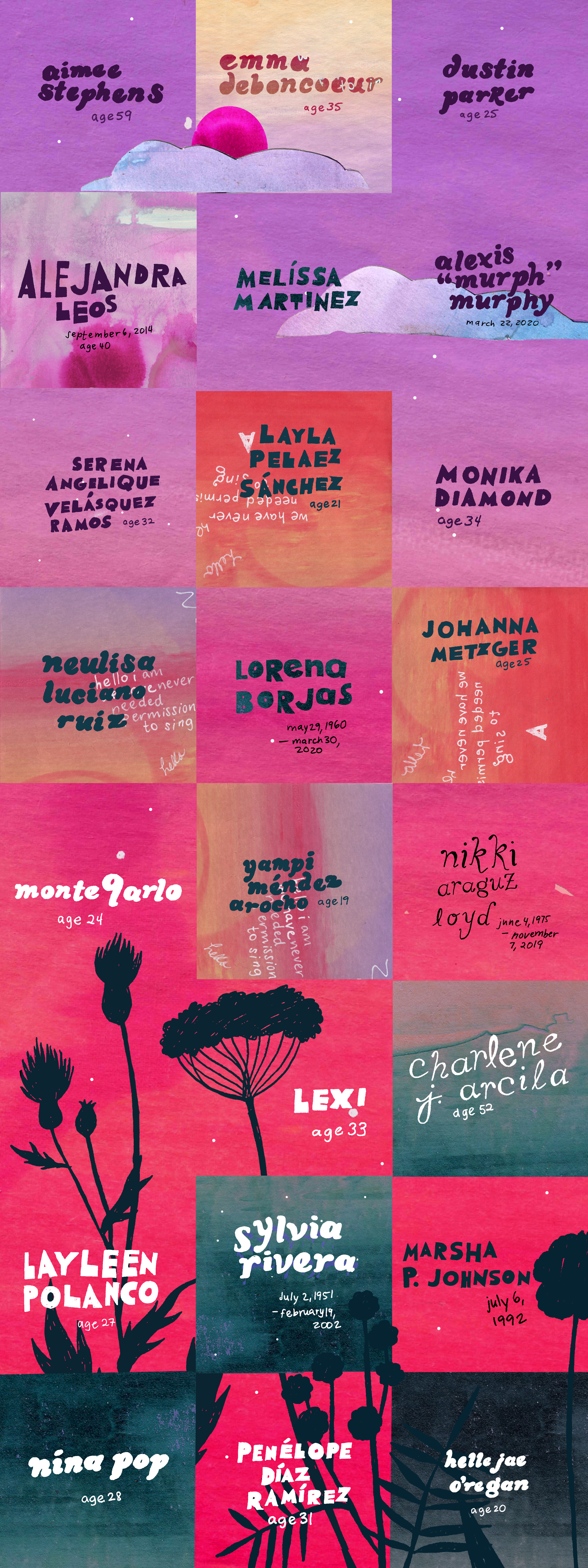 A quilt with a blocks of names to honor trans people we’ve lost past and present.