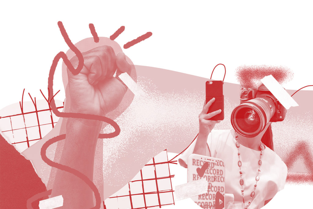 A colorized red fist raised in the air with graphic decorations, as well as cameras