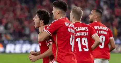 Benfica teenager Joao Neves celebrates his goal against Sporting.