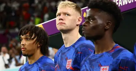 England trio Aaron Ramsdale, Trent Alexander-Arnold and Bukayo Saka line up before a match.