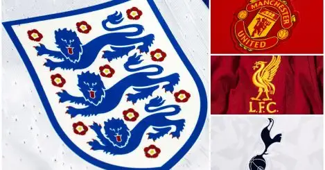 The badges of England, Man Utd, Liverpool and Tottenham.