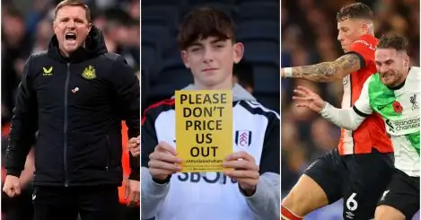 Newcastle manager Eddie Howe, a Fulham fan protests and Luton midfielder Ross Barkley