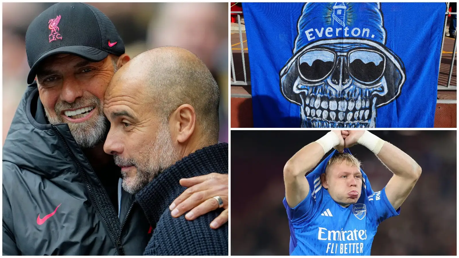 Pep Guardiola, Jurgen Klopp, Aaron Ramsdale and a banner belonging to Everton fans.