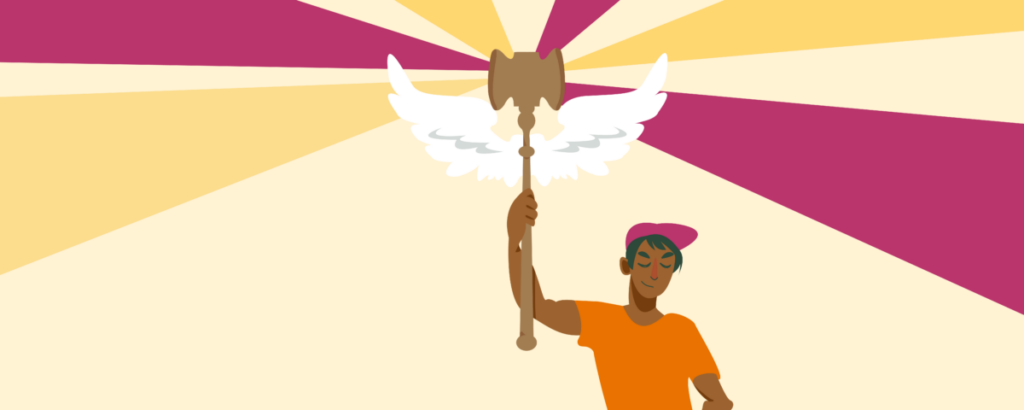 Illustrated person holding a staff with wings, orange and pink rays radiate from the staff's upper end