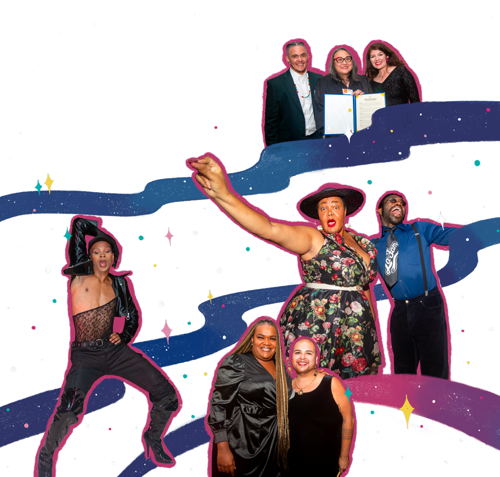 A dynamic collage of photos of SPARK guests posing, embracing, dancing, and smiling, against a light-colored backdrop of illustrated dark blue, purple, and pink colored ribbons, confetti, and stars. Together, the photos show the fun and joy of partying for trans rights.
