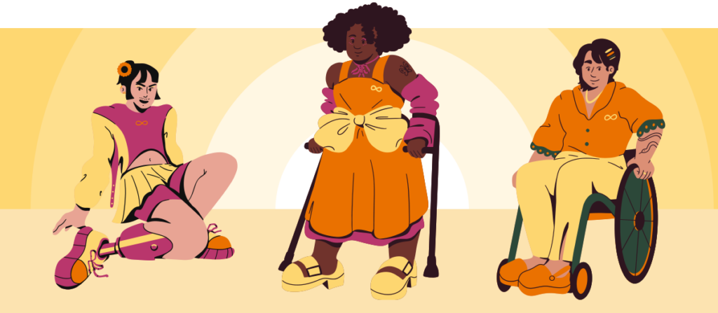 Three happy and confident individuals with disabilities. One person has prosthetic legs and is sitting on the floor, another uses crutches to stand, and the third person is in a wheelchair. All three wear colorful clothing with an infinity symbol on their shirts, and the warm yellow background with arches creates a welcoming and inclusive feeling.