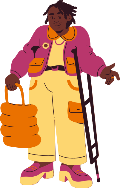 Una persona afrodescendiente  con trenzas de dos cabos, apoyada en una muleta, lleva puesta una chaqueta de color rosada y naranja, un traje de cuerpo entero o enterizo amarillo y un bolso de color naranja.
