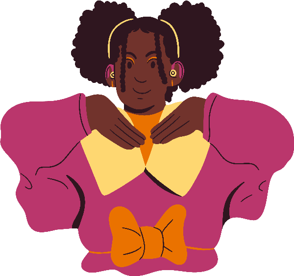 Una persona afrodescendiente con el pelo amarrado en dos moños afro, lleva una blusa rosada con el cuello de camisa de color amarillo y un lazo naranja atado alrededor de la cintura. Sostiene sus manos bajo la quijada en forma de v, en un ángulo de 45 grados.