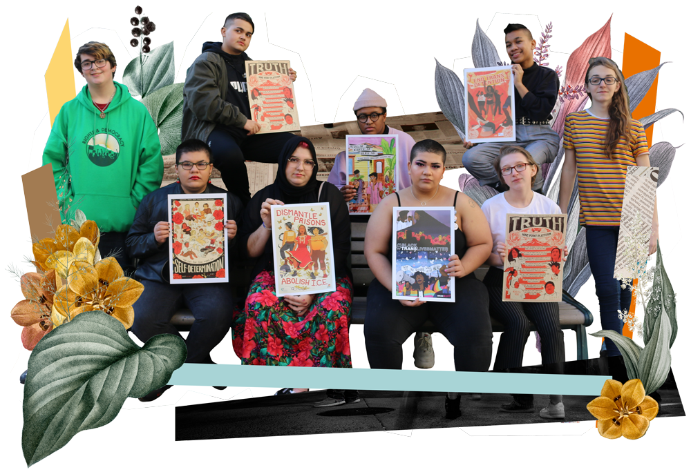 Youth sitting and standing around a bench, holding posters of the TRUTH program.