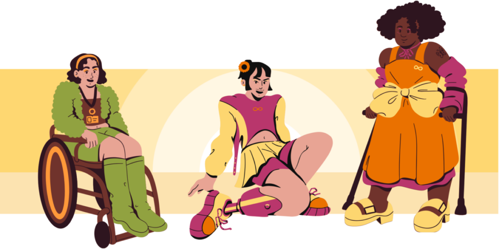 Tres personas con discapacidad felices y seguras de sí mismas. Una persona tiene una prótesis en la pierna y está sentada en el suelo, otra utiliza muletas para mantenerse en pie y la tercera está en silla de ruedas. Las tres visten ropa colorida con un símbolo de infinito en la camiseta; el cálido fondo de color amarillo con arcos crea una sensación acogedora de inclusividad.