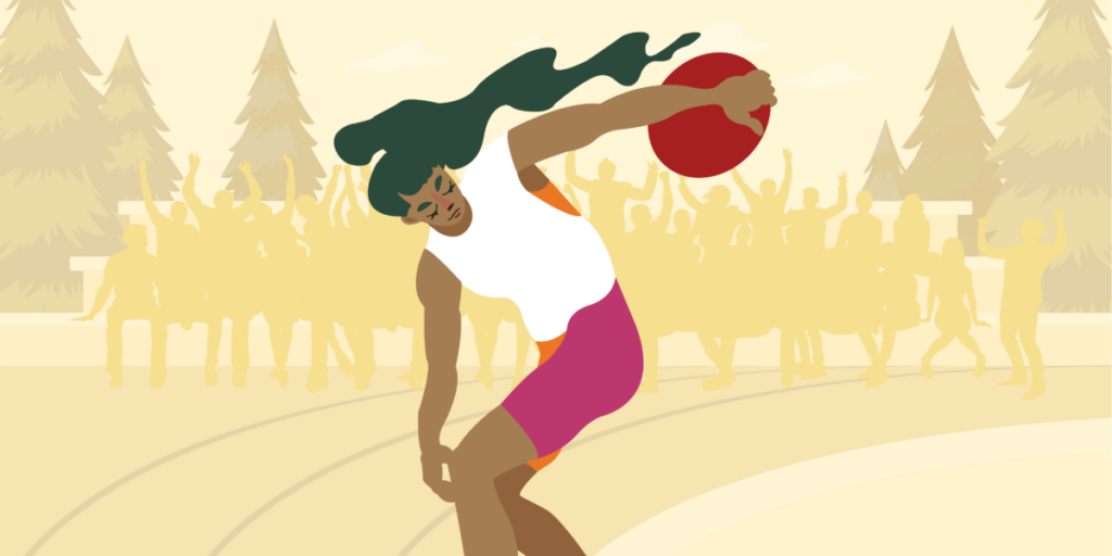 Illustrated person poised to throw a discuss 