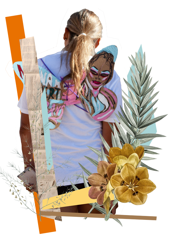 A scrapbooked image of Feminine person standing with their back towards a camera, wearing pink and blue butterfly wings on their backs.