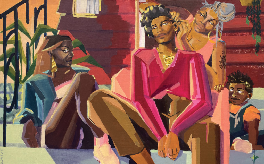 Four people sitting on a porch, relaxing and doing hair