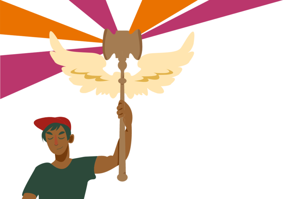 Tres personas con discapacidad felices y seguras de sí mismas. Una persona tiene una prótesis en la pierna y está sentada en el suelo, otra utiliza muletas para mantenerse en pie y la tercera está en silla de ruedas. Las tres visten ropa colorida con un símbolo de infinito en la camiseta; el cálido fondo de color amarillo con arcos crea una sensación acogedora de inclusividad.