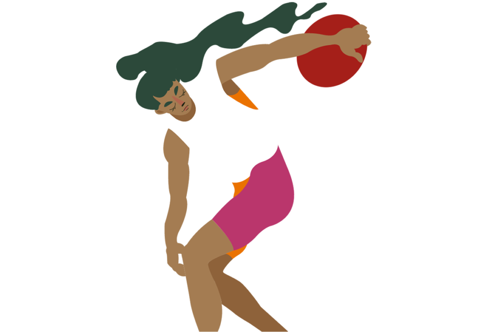 Illustrated person poised to throw a shotput.