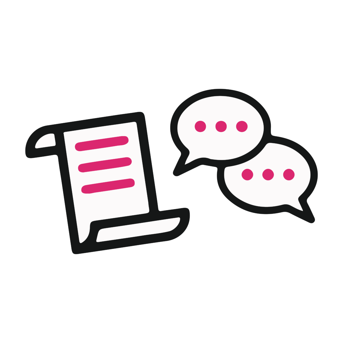 Illustration of a written text with two speech/message bubbles next to it