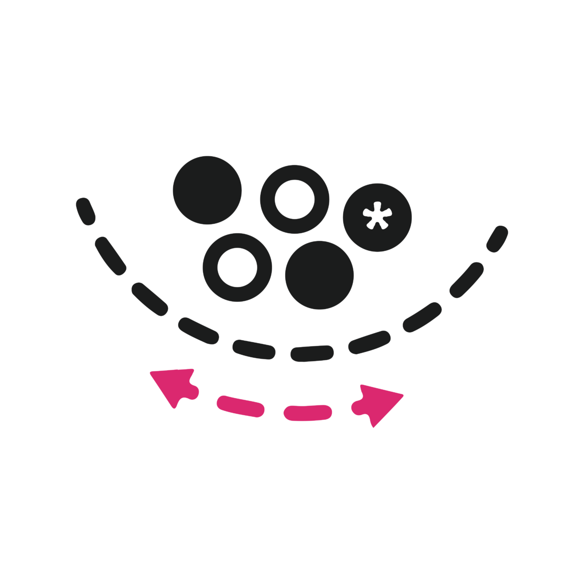 Illustration of five circles, three filled in, two empty, one with an asterisk in the middle, an arc of dotted lines below and another with arrows on both ends