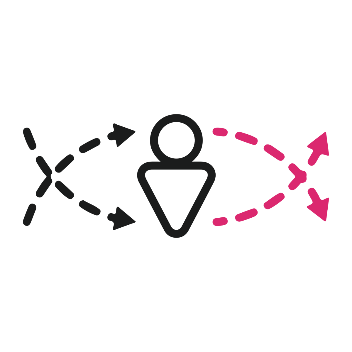 Illustration of a figure with dotted lines arcing and crossing one another with arrows both pointing toward and away from the figure