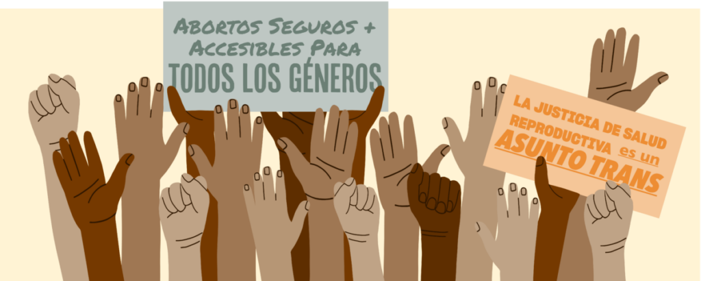 (arte vectorial) Una multitud de manos y puños en alto, de una gran gama de diferentes colores de piel, sosteniendo letreros que dicen, “Abortos seguros y accesibles para todos los géneros” y “las personas trans merecemos justicia reproductiv a”